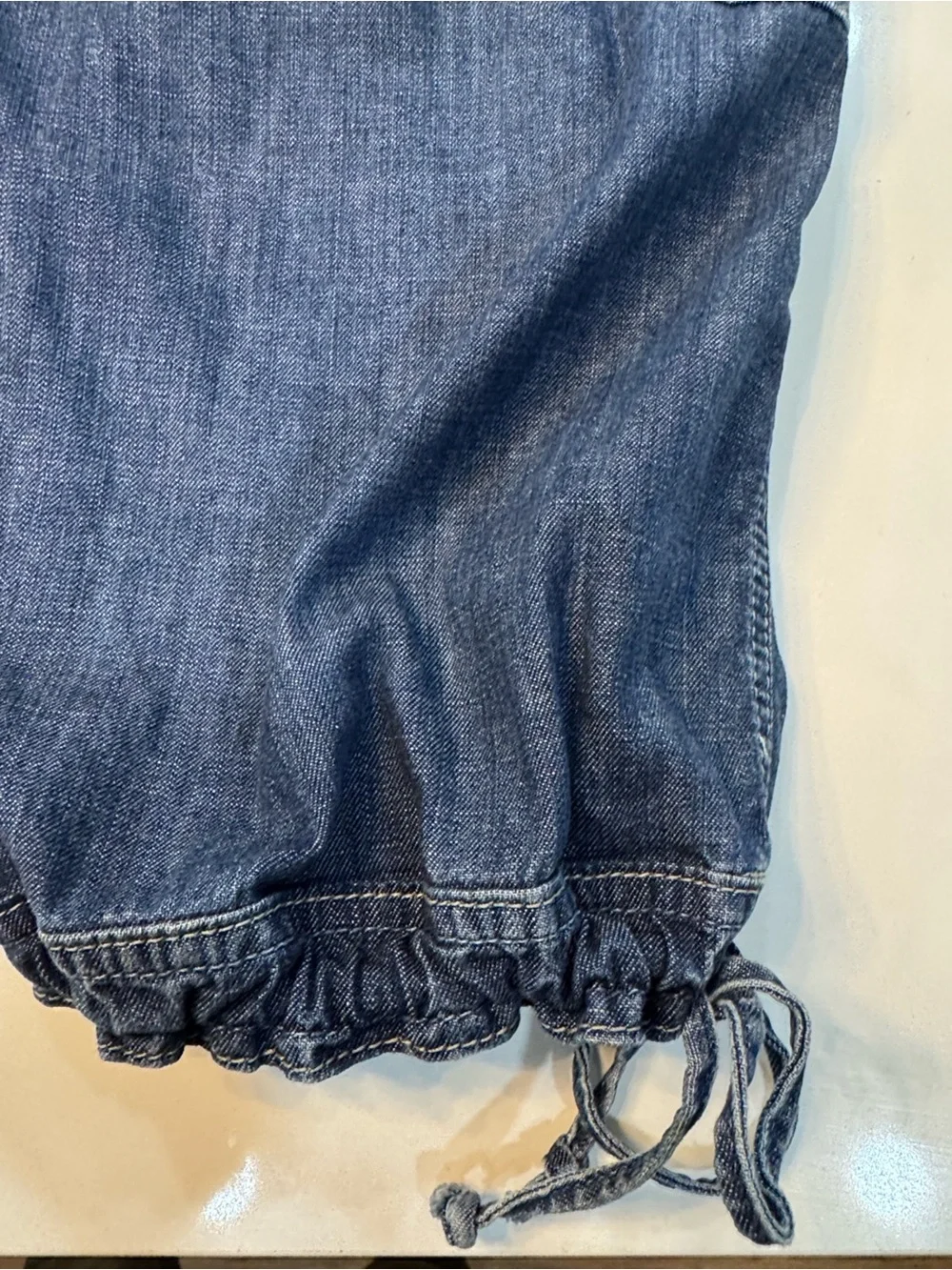 Embroidered Mid-Blue Cropped Cargo Jeans with Drawstring Cuffs
